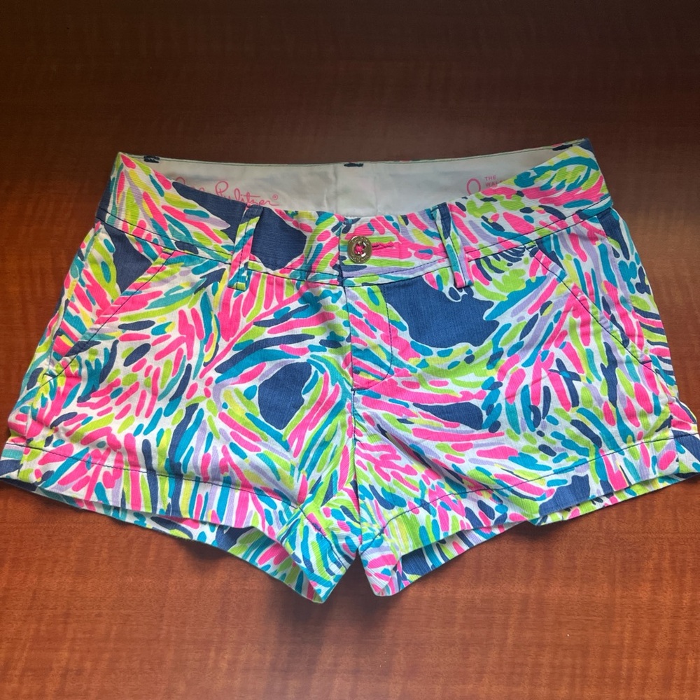 Lilly Pulitzer Pink and Green Jean Shorts Vibrant Tropical Print